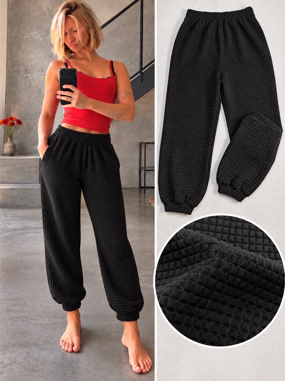 Princess Polly Black Waffle Knit Jogger sweatpants Size 6 Relaxed Lounge